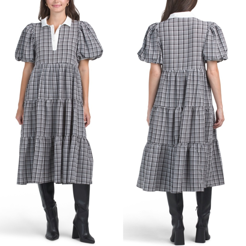 English Factory plaid A-line tiered midi dress - Picture 2 of 13